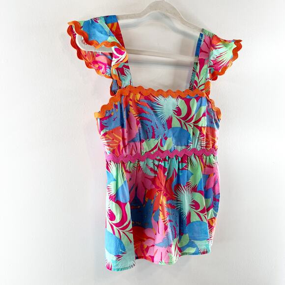 Greylin Skyler Ruffle Scallop Trim Babydoll Square Neck Tropical Top Pink Small - Picture 5 of 8